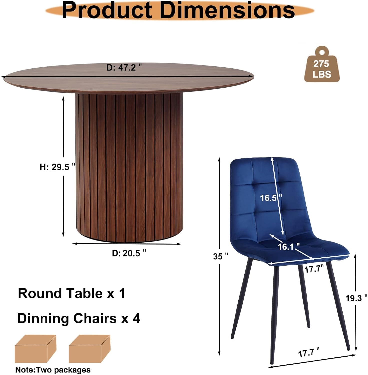 5 Piece Round Dining Table Set - Mid-Century 47 inch Brown Dining Table with 4 Blue Velvet Chairs Set, Dinner Table & Chair with Metal Legs for Kitchen Dining Room, Apartment, Bedroom