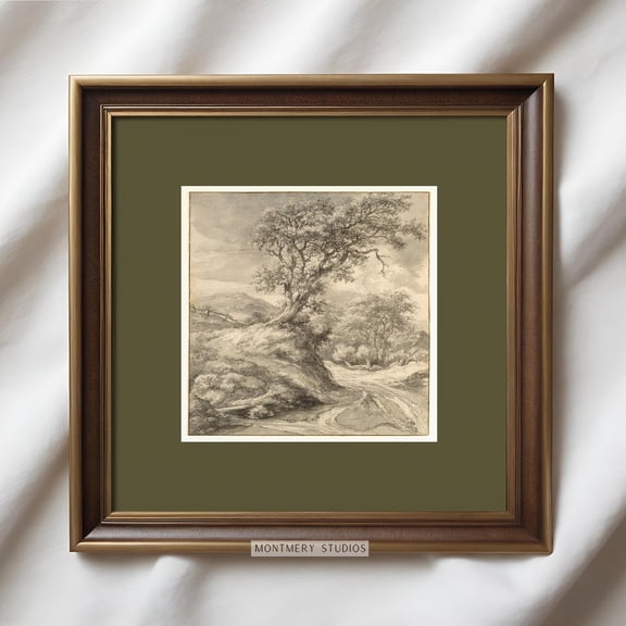 Vintage Oak Tree Landscape, Square Poster With Sage Green Mat, Landscape Sketch, Antique Forest Drawing Print Poster, Dark Green Wall Art Poster, A Warm Present Vintage UNFRAMED Poster Size 8x12