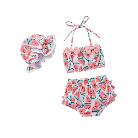 

TheFound 3Pcs Newborn Baby Girls Swimsuit Sleeveless Watermelon Print Crop Top Summer Bathing Suit