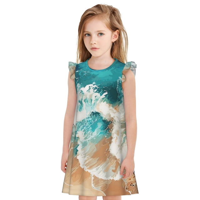 Balery Ocean Wave Crash Camisón de princesa para niñas, pijama de algodón con mangas abullonadas, suave y bonito.-X-Large