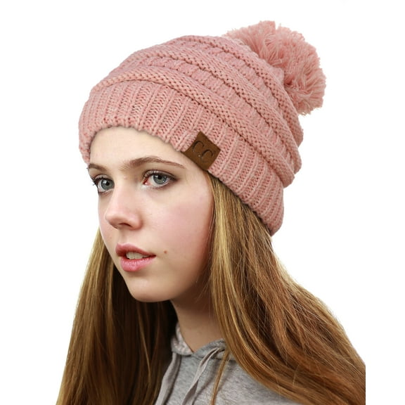 NYFASHION101 Unisex Multicolor Warm Cable Knit Slouch Pom Pom Beanie Cap - 2 Tone Rose