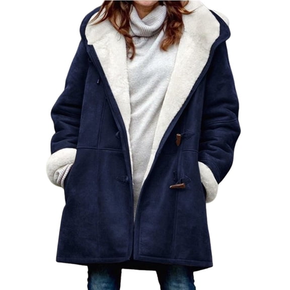 Women's Fleece Collar Long Sleeve Hooded Button-Down Jacket with Pockets Blue & White XXXL