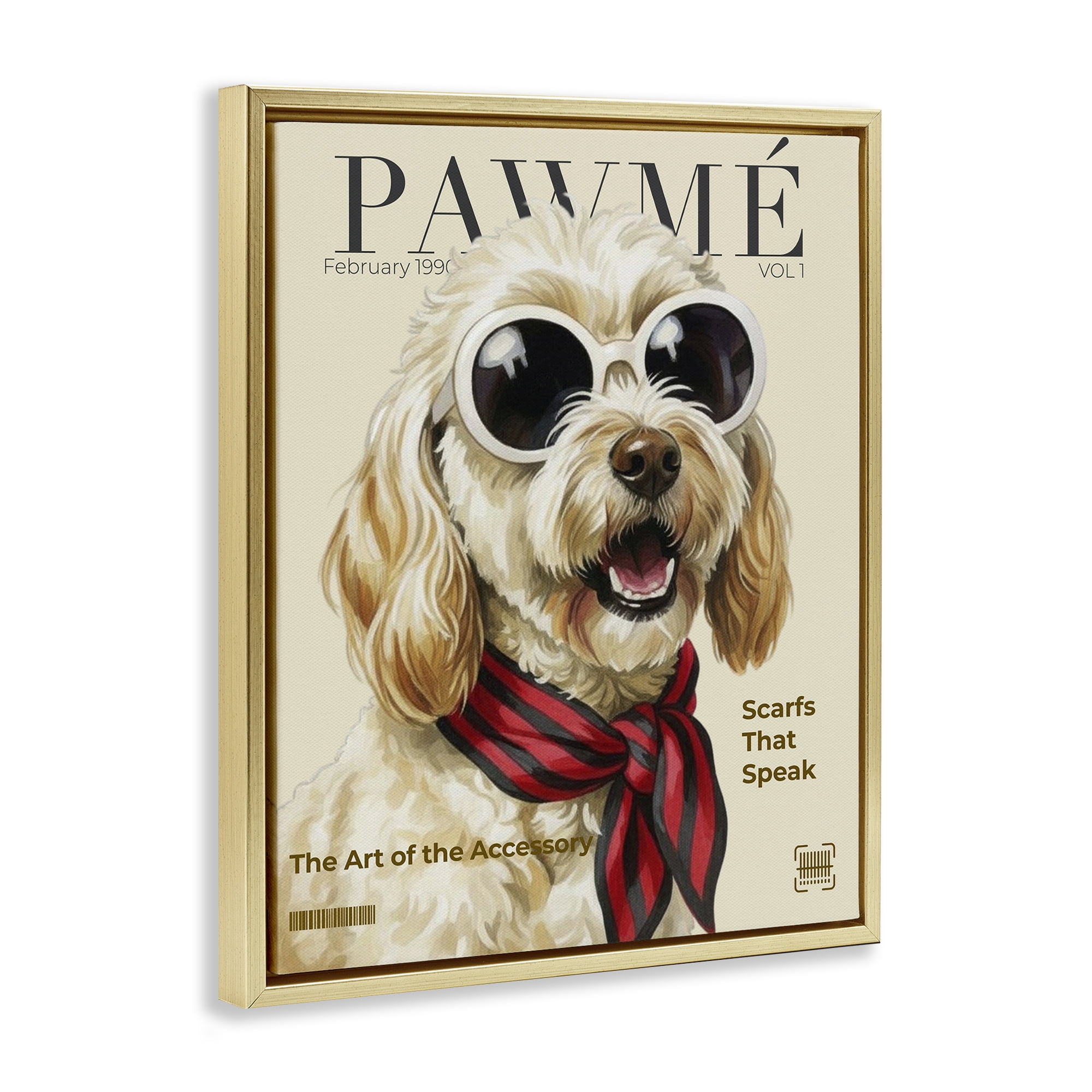 Stupell Industries Pawme Dog Fashion Magazine Gold Framed Floater Canvas Wall Art, design by A Barefoot Stylist