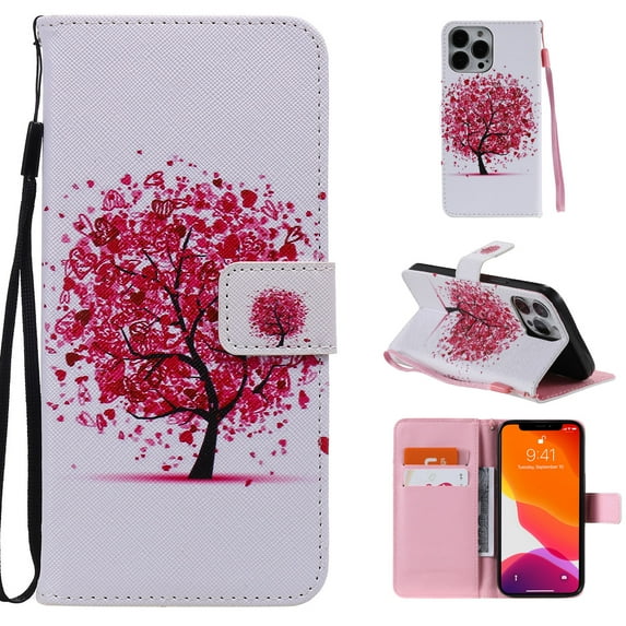 Allytech Colorful Painting PU Leather Case for iPhone 14 Pro 6.1" 2022, Flip Folio Kickstand Card Slots Removable Hand Strap Case for iPhone 14 Pro 5G, Red Tree