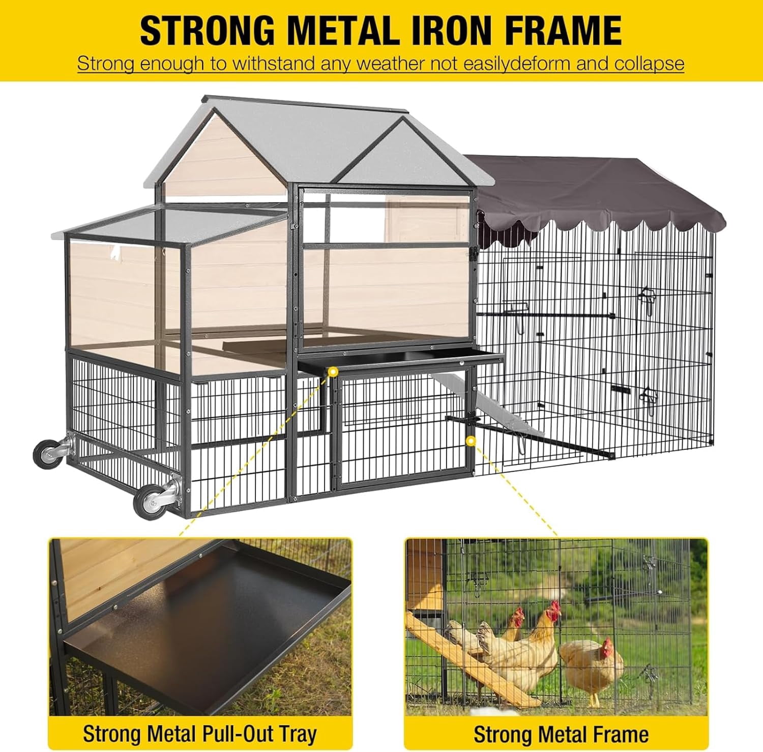 Aivituvin 85.6" Mobile Chicken Coop, Large All-Steel Frame Hen House for 6-8 Chickens Poultry Cage with Nesting Box, Waterproof Rain Cover Duck Coop