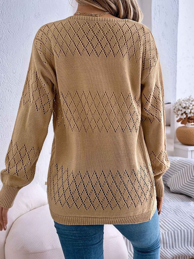 Womens Summer Crochet Cardigan Long Sleeve Light-Weight Casual Knit Sweaters Khaki M