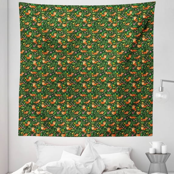 Woodland Tapestry, Cartoon Illustrated Forest Wild Fox Animals Spring Flowers and Leaves, Fabric Wall Hanging Decor for Bedroom Living Room Dorm, 5 Sizes, Emerald and Multicolor, by Ambesonne