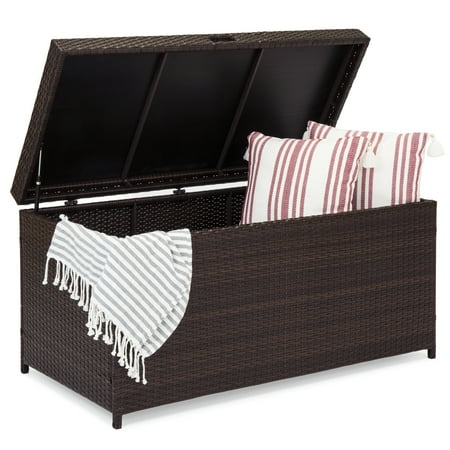 Large Outdoor Storage Box - Best Choice Products Outdoor Wicker Patio Furniture Deck Storage Box with Safety Pneumatic Hinges and Deep Bed for Cushions, Pillows, and Pool Accessories, Brown