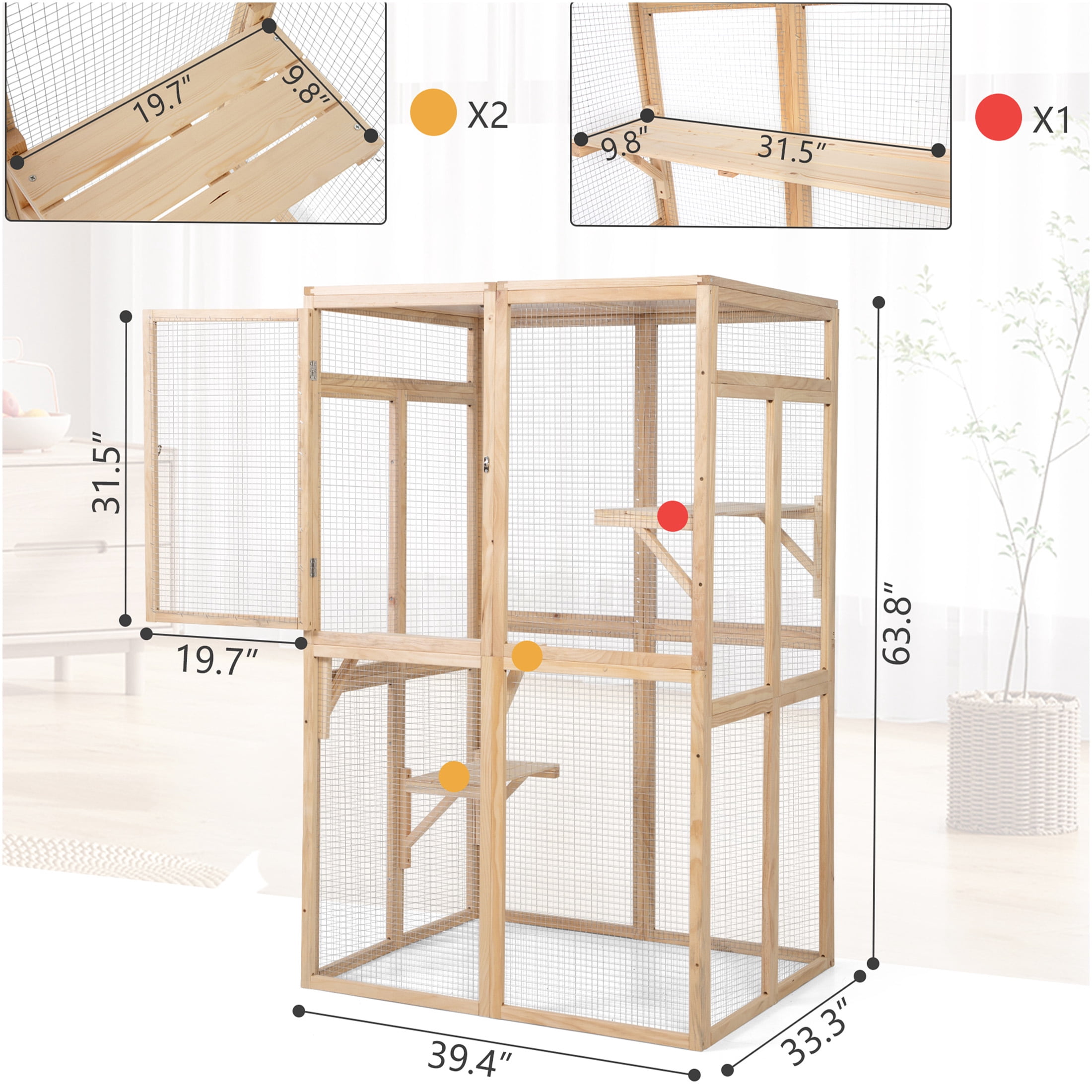 JERFIT Large Outdoor Wooden Catio Enclosure with Sunroof, Platforms & Hammock for Indoor Outdoor Cats, Weatherproof Cat House Cage Condo in Burly Wood