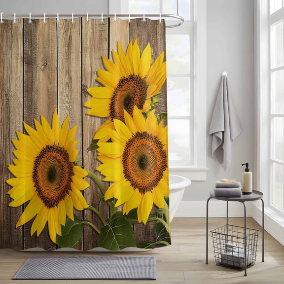 Bathroom Shower Curtain Summer Farm Sunflower Waterproof Shower Curtains with Hooks, Country Floral on Wood Board Bath Curtains Bathtub Curtain Home Decor 36x72in