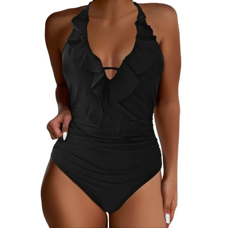 Summer Halter Waist Cutout One-Piece Swimsuit Solid Color Sexy Bikini Swimsuit Black Tankini Swimsuits For Women