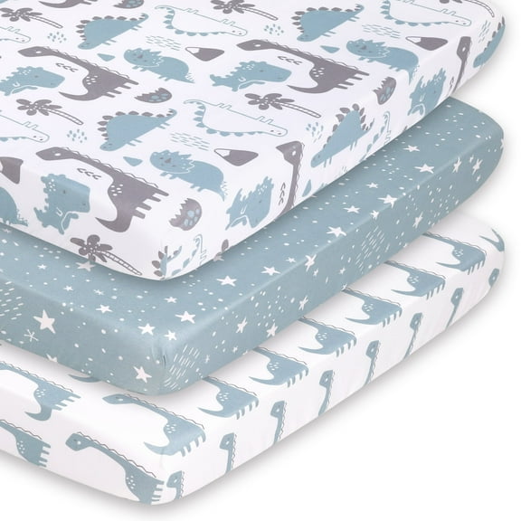 The Peanutshell Pack n Play, Mini Crib, Portable Crib or Fitted Playard Sheets for Baby Boy, Blue Dino, 3 Pack Set