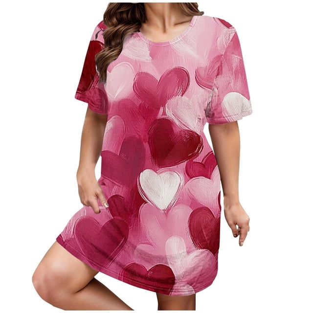 Kelon Nuisettes et Chemises de Nuit pour Femmes Grande Taille Robe de Nuit Décontractée pour Femmes Grande Taille Imprimé Cœur Manches Courtes Col Rond Extensibilité Moyenne Nuisette Ample Robe de Nuit de la Saint-Valentin