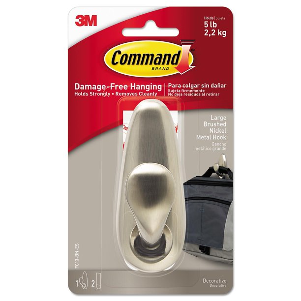 Command Hook, Large, 5lb Capacity, Brushed Nickel Finish