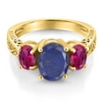 thumbnail image 3 of Gem Stone King 3.00 Ct Oval Blue Lapis Red Created Ruby 18K Yellow Gold Plated Silver Ring (Size 9), 3 of 6