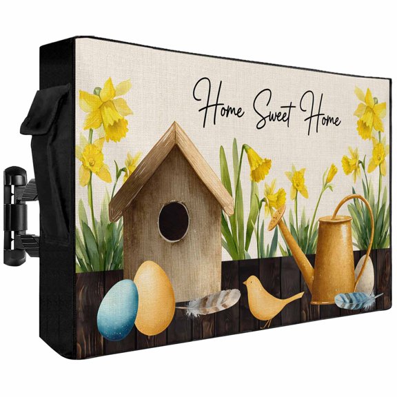 Outdoor TV Cover 52x30x4.5in, Home Sweet Home Words on Linen Weatherproof TV Screen Protector with Zipper, Bird Cages Kettles Outside Television Cover Fits Up to 52-55"