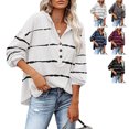 thumbnail image 4 of Blouse Manches Longues V Col Rayé Bouton Cordon à Capuche Casual Tops pour Femme, 4 of 6