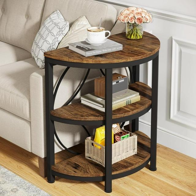 Tribesigns Half Round End Table, 3-Tier Narrow Side Table with Metal Frame, Half Circle Table, Half Moon Small Coffee Accent Table Bedside Table for Living Room, Bedroom, Rustic Brown