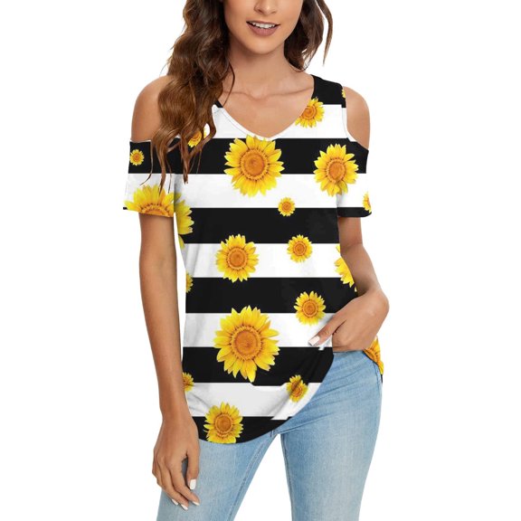 USSUMA Womens Plus Savings Tops and T-Shirts Summer Tops for Women Cold Shoulder Floral Short Sleeve V Neck T Shirts Tee Casual Tunic Tops Blouses 2022 Beach