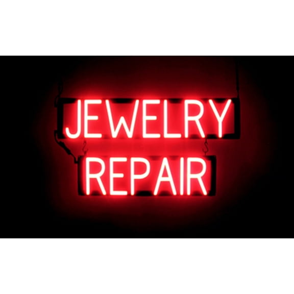 SpellBrite JEWELRY REPAIR LED Sign for Business. 28.0" x 15.0" Red JEWELRY REPAIR Sign Has Neon Sign Look With Energy Efficient LED Light Source. Visible from 500  Feet, 8 Animation Settings.