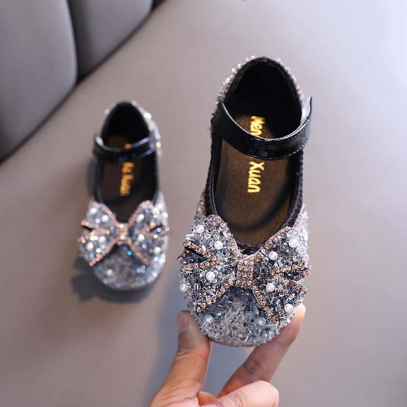 Bxsruta Girls' Rhinestone Pearl Bow Mary Jane Flats for Princess Party Wedding