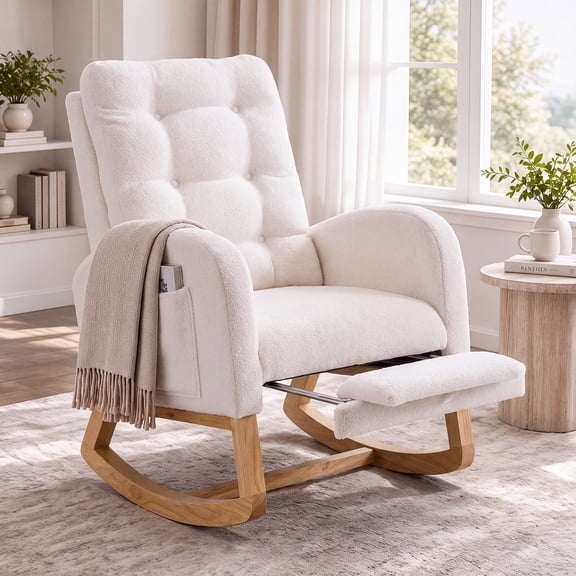 UHOMEPRO Upgraded Rocking Chair for Nursery, Modern Teddy Glider Rocker Chair with Footrest, High Backrest, Solid Wood Frame, Cream