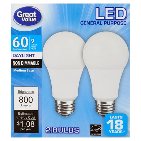 Great Value LED Light Bulb 9W A19, Daylight, 2-Pack