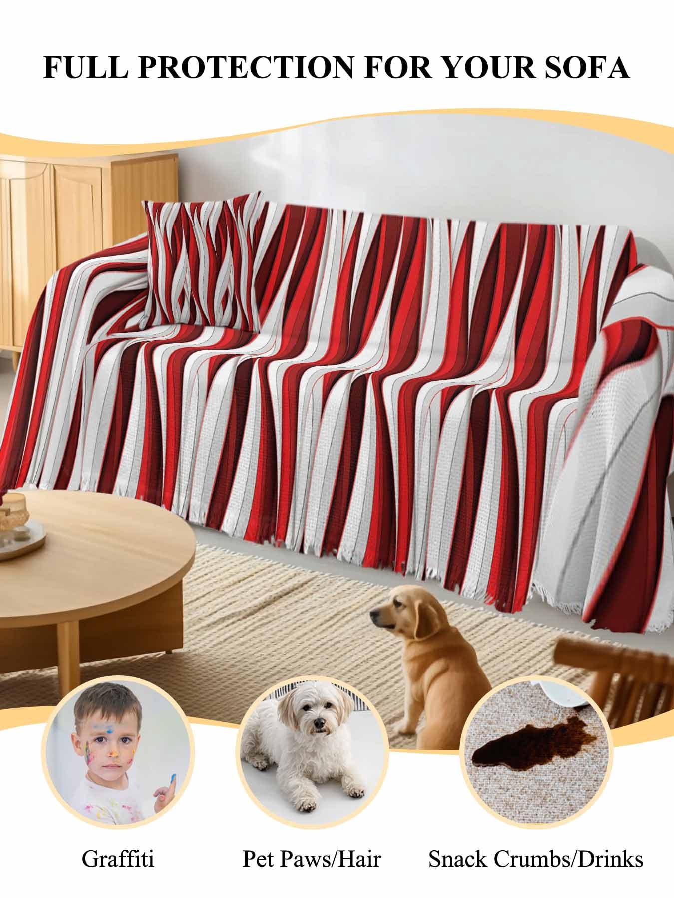 Red White Moire Couch Cover, Modern Abstract Art Oversized Sofa Cover Blanket for 3 Cushion Couch,Sectional Sofa Slipcover Furniture Protector for Living Room Bedroom 71''x150''