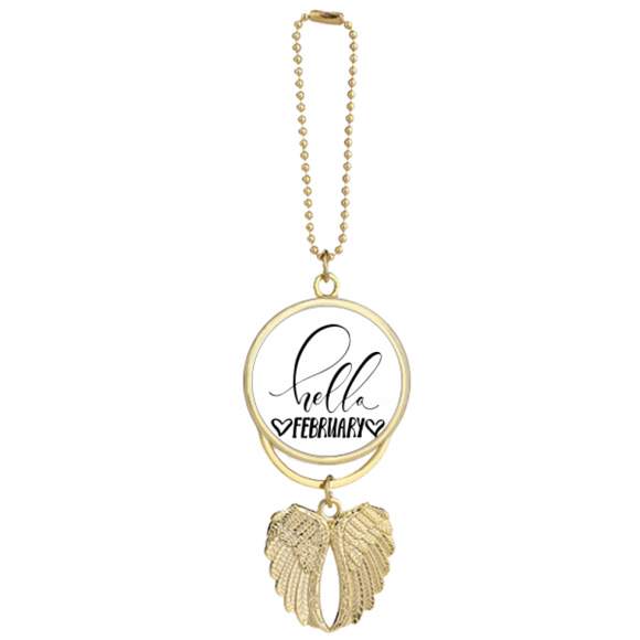 Hello February Quote Handwrite Car Keychain Angel Wing Pendant