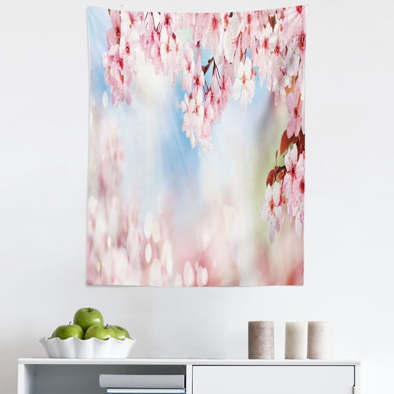 Flowers Tapestry, Spring Sunrise with Pink Sakura Cherry Blossom Branches and Bokeh Dots, Fabric Wall Hanging Decor for Bedroom Living Room Dorm, 5 Sizes, Blush Pale Azure Blue, by Ambesonne