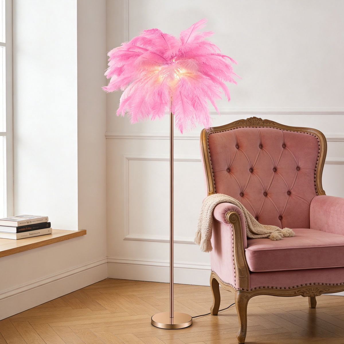 Feather Floor Lamp for Living Room, Fluffy Ostrich Feathers Lamp, Rose Gold Color Body with 5 standard G4 Bulbs - Pink