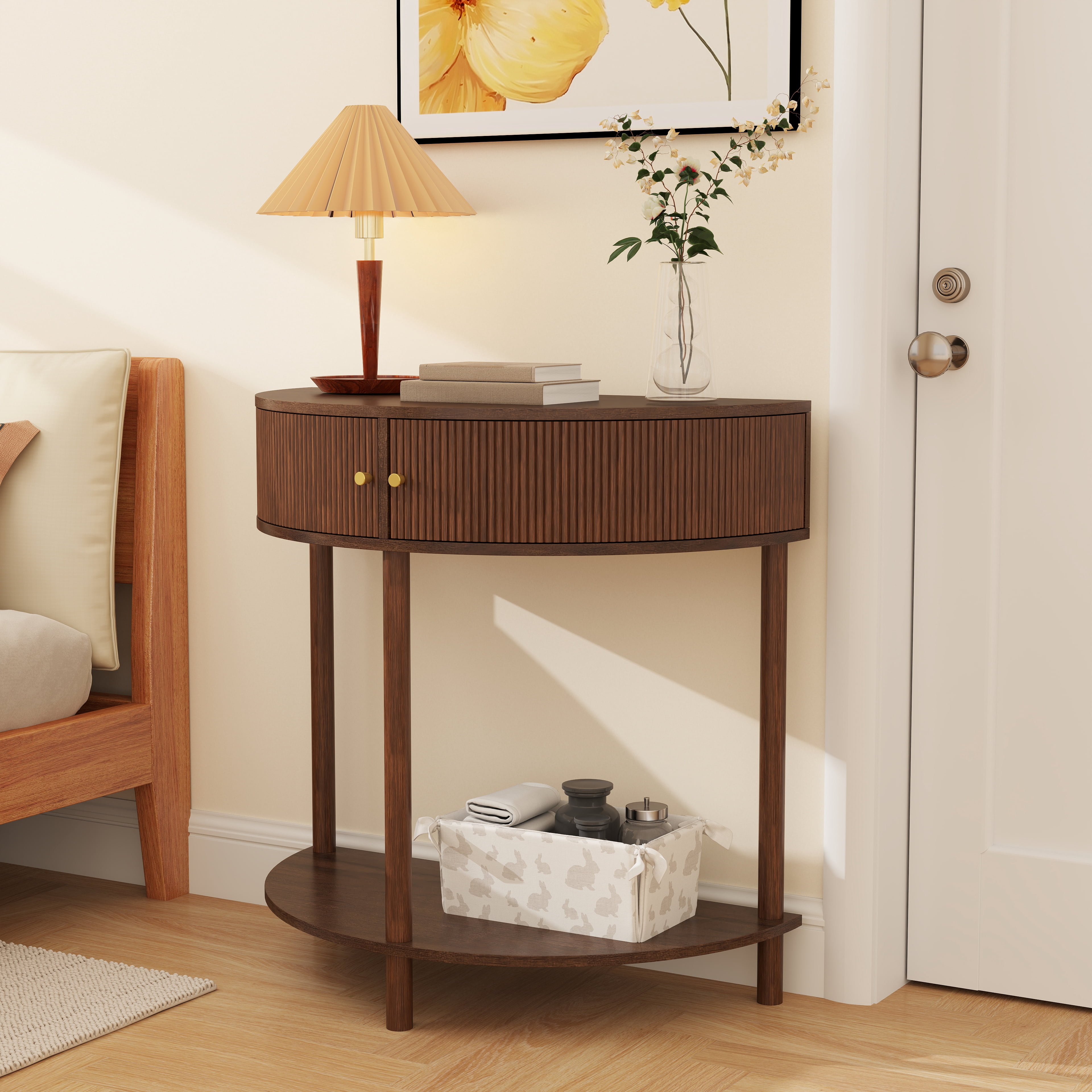 Console Table with Brown Woodgrain, Unique Half Moon Design End Table with 2 Storage Drawers and Bottom Shelf for Living room, Bedroom, Study, Hallway