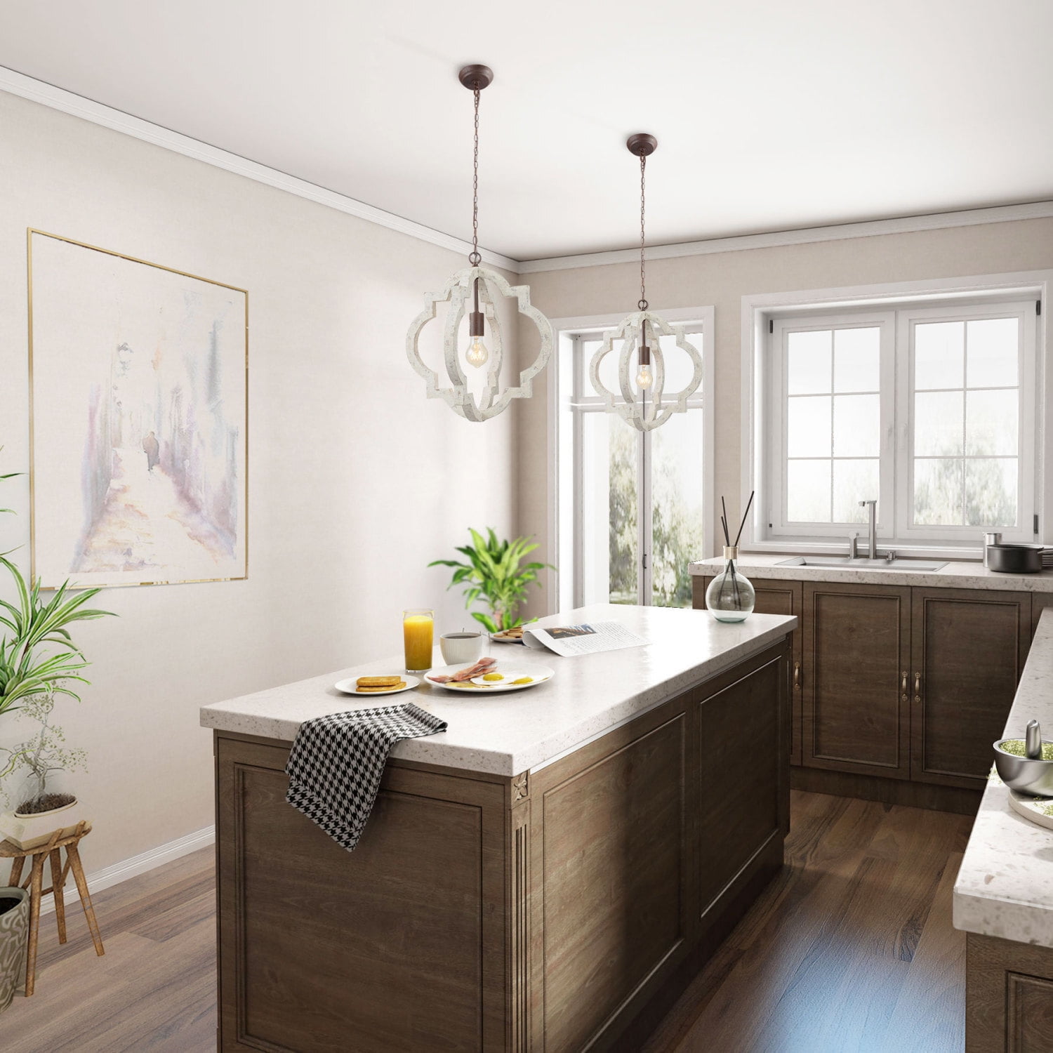 LNC 1-Light Farmhouse Wood Chandelier Pendant Light with Antique White Finish for Dining Room