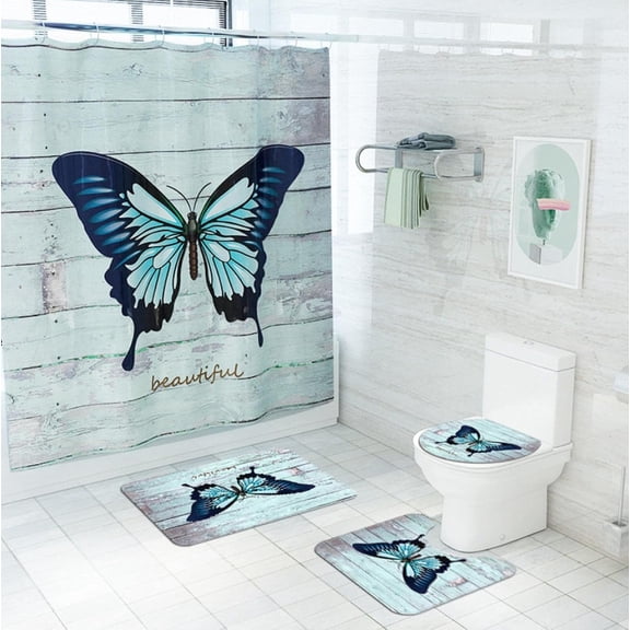 Purple Butterfly Shower Curtain Set 4-Piece, Shower Curtain Waterproof   Bathroom Mat   U-Shaped Contour Mat   Toilet Seat Cover   12 Hooks
