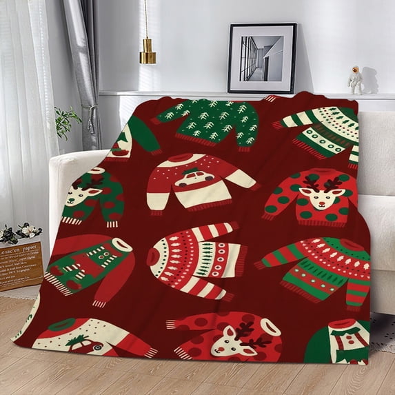 FUNIER Christmas Blanket Chrismas Sweater Printed Soft Flannel Blanket Machine Washable Lightweight Warm Christmas Fuzzy Blanket for Couch,Sofa and Bed