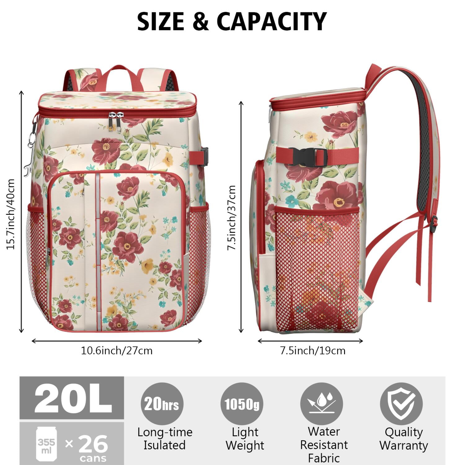 Travel Cooler Bag - Pioneer Flower Floral Print Pattern Camping Beer Cooler Backpack with Bottle Opener- Waterproof Insulated Picnic Backpacks - Cooler Bag for Beach