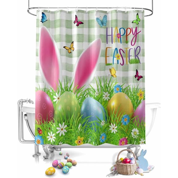 Easter Shower Curtains for Bathroom Cute Fabric Shower Curtain with Hooks, Spring Eggs and Bunny Ears Shower Curtain Set, Buffalo Plaid Bathroom Curtains Decoration, Waterproof Polyester, 72"x72" Long