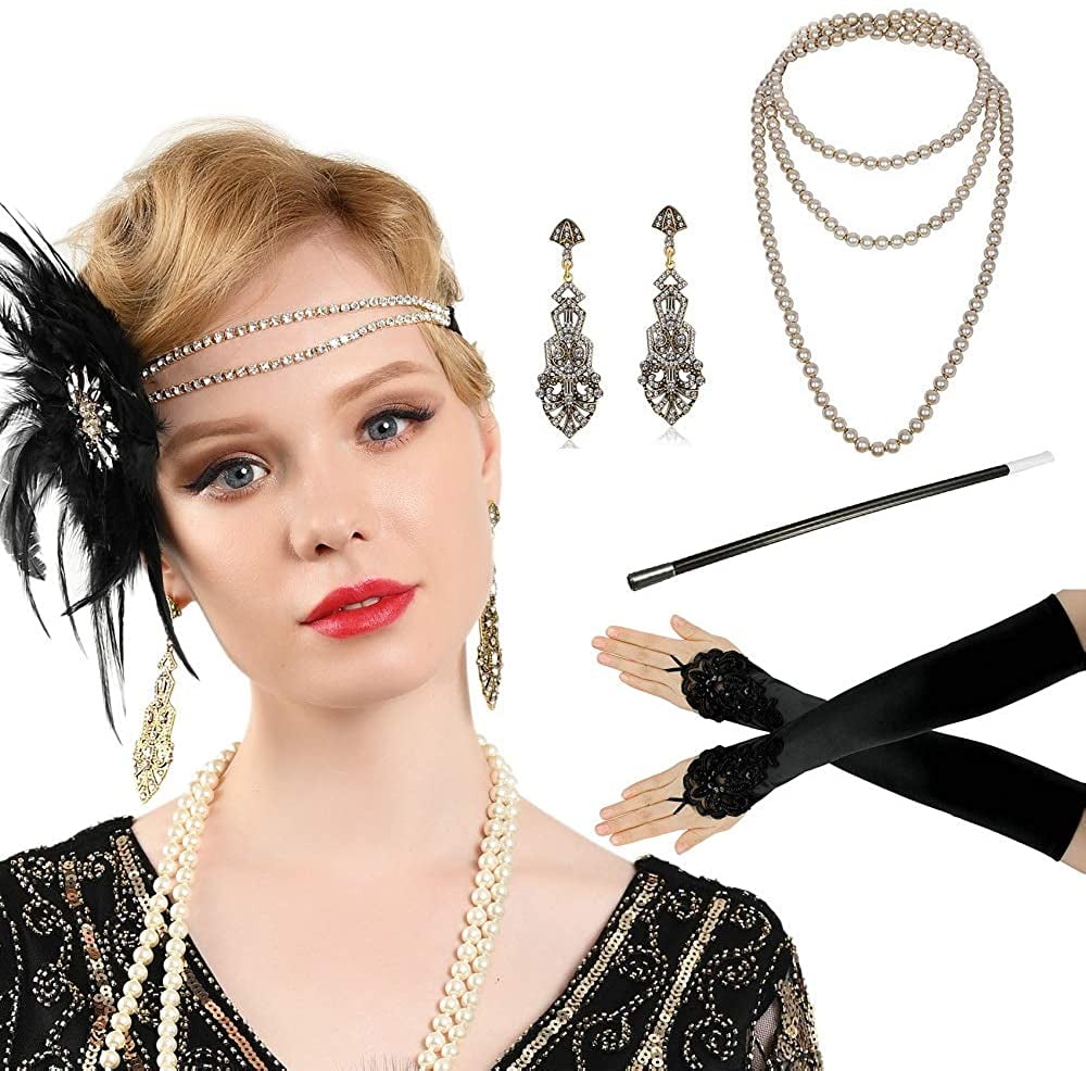 1920s Flapper Accessories Gatsby Costume Accessories Set for Women 20s Headpiece Pearl Necklace Gloves Holder 