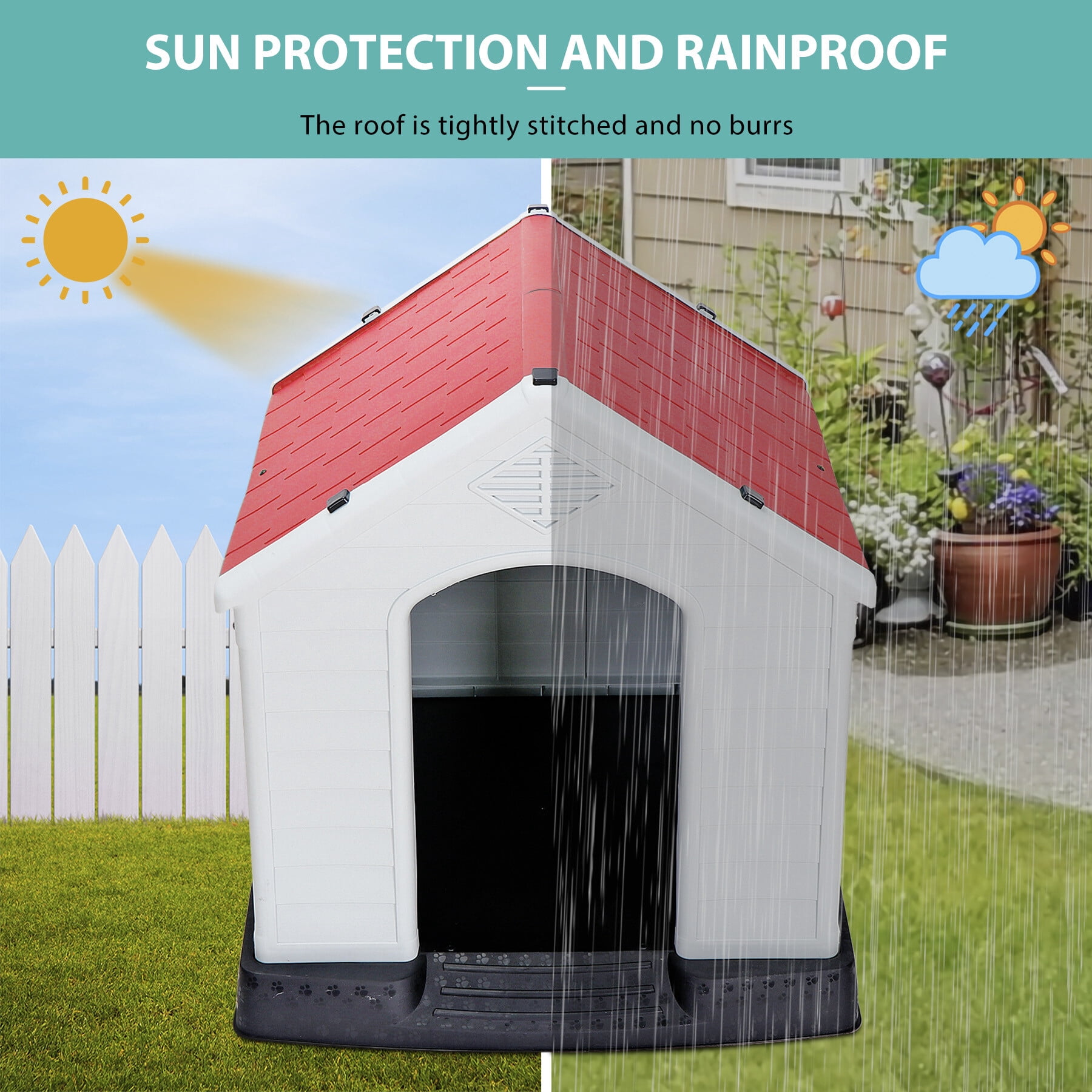HomGarden 34-in Plastic Large Dog House Outdoor Pet Puppy Shelter Kennel W/Air Vents, Red