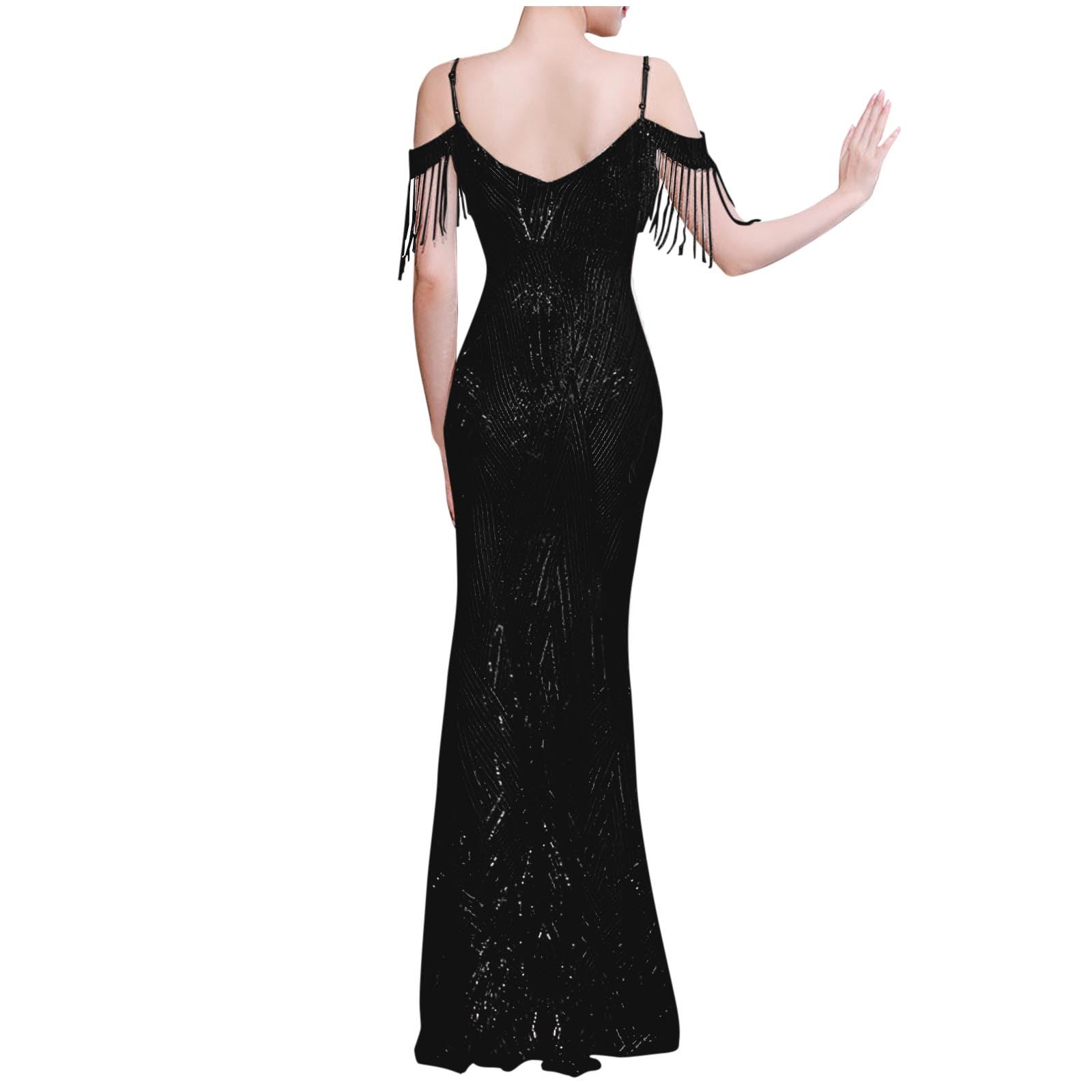 Women's V Neck Sequin Formal Evening Dress Tassel Cold Sleeve Long Gown Retro Party Maxi Mermaid Dress Elegant Dresses for Women Formal S-6 Black XXL