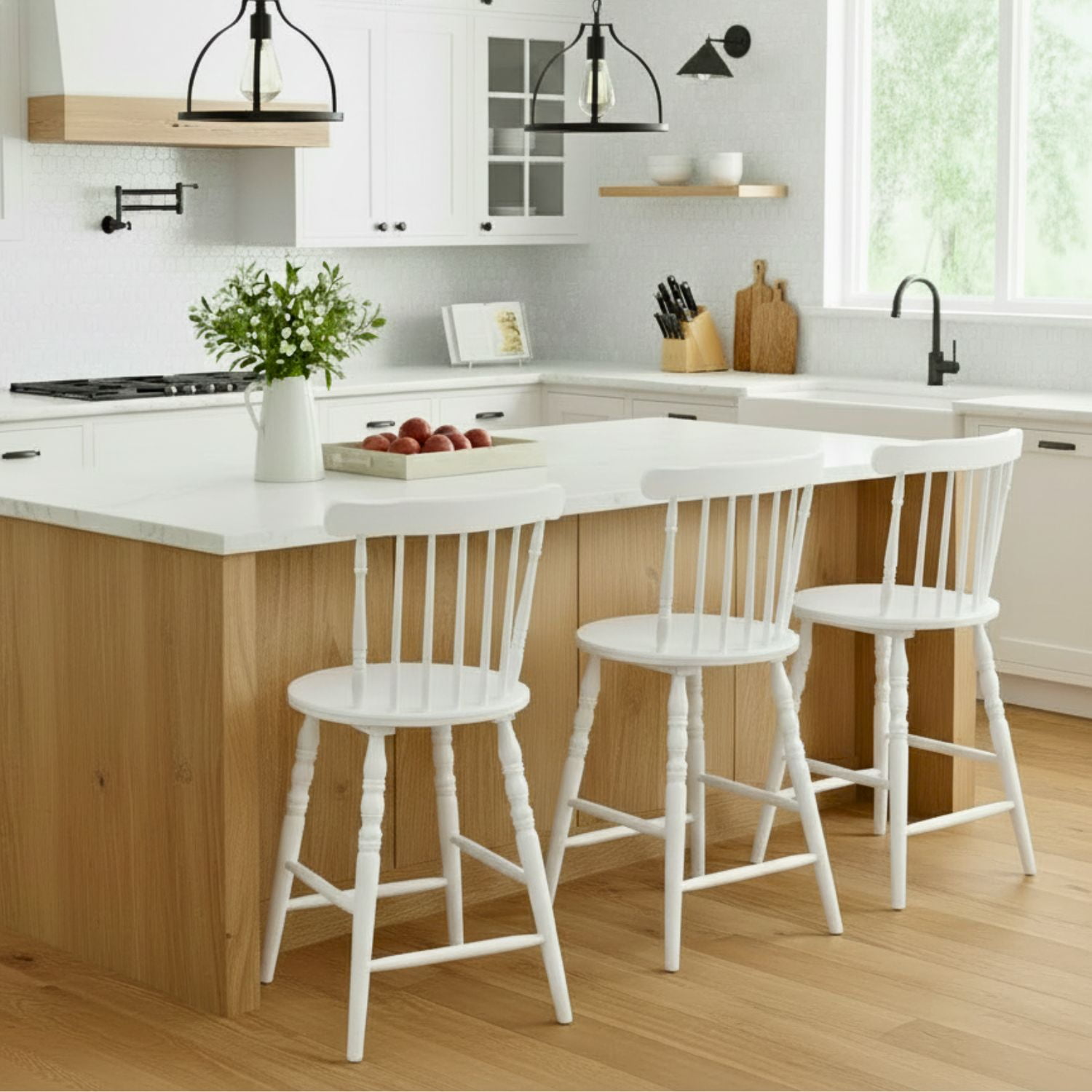 Dayalane 24" Windsor Bar Stools Set of 3, Antique-style Counter Height Barstools with Spindle Back & Turned Legs, Rustic Vintage Colonial Wooden Island chair for Kitchen/Breakfast Bar/Home Pub, White