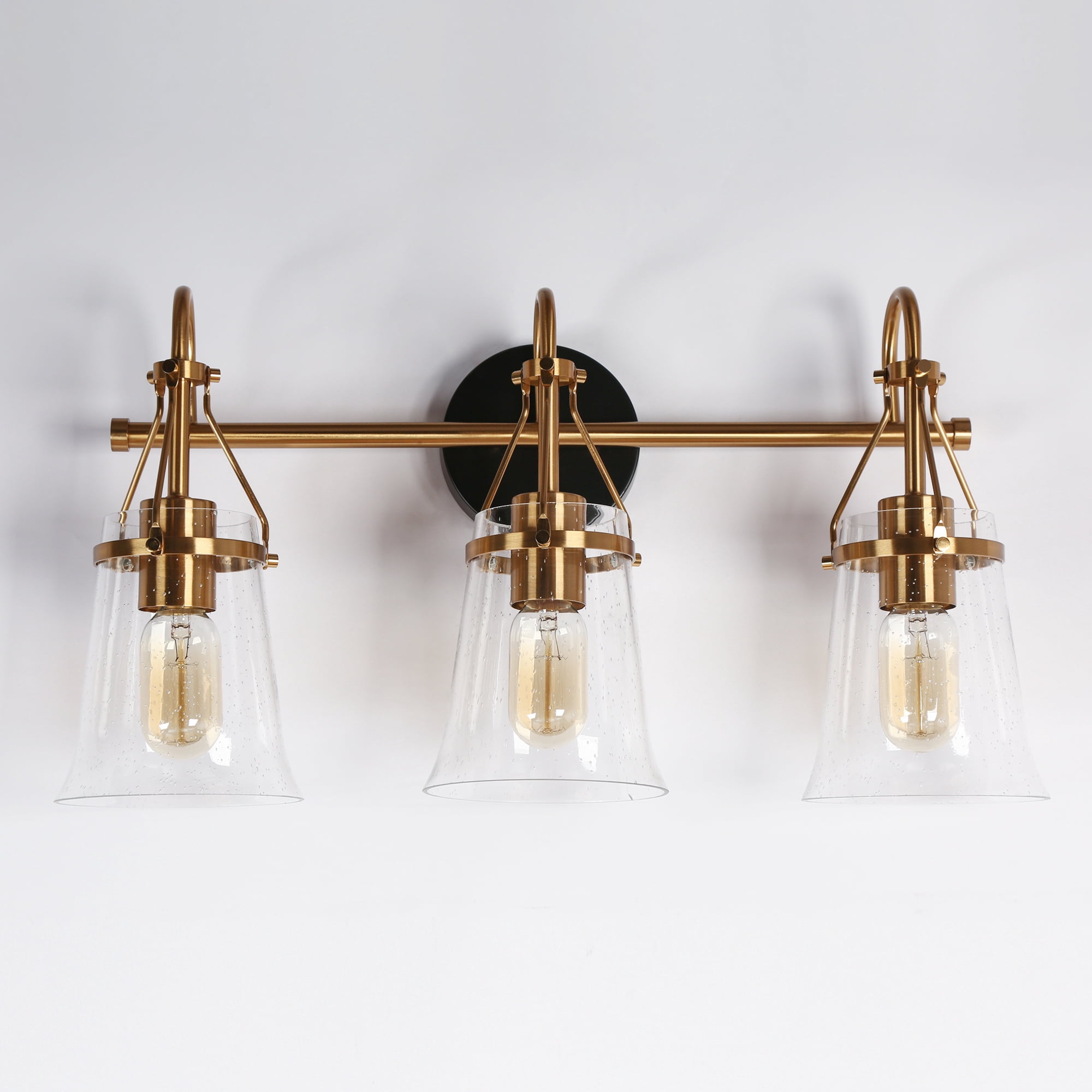LNC Black & Gold 3-Light Bathroom Vanity Light with Seeded Glass Bell Shades, Dimmable
