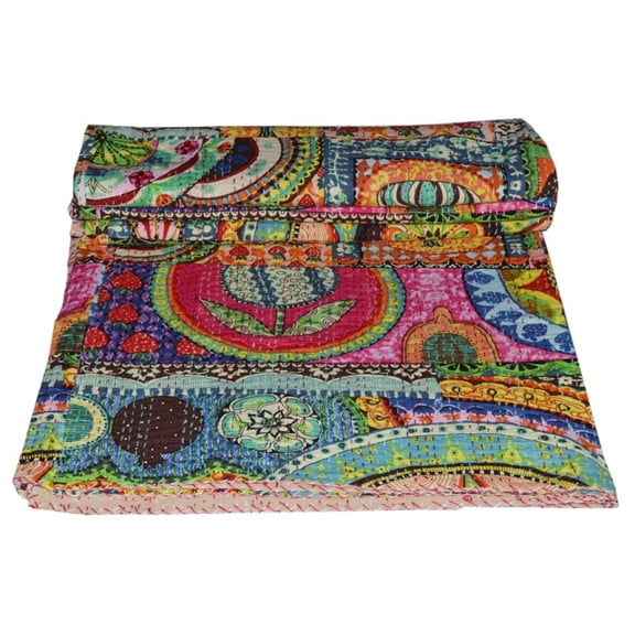 indian multi patchwork cotton kantha quilt Bedding throw sofa coverlet bedspread single size Handmade vintage blanket, 60 X 90 Inches