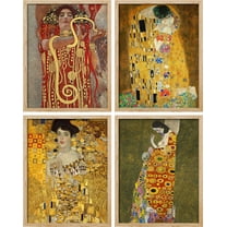 PixonSign Adhesive Posters Gustav Klimt The Kiss Golden Portraits Illustrations Wall Arts, Set of 4 Vintage Humanities Fine Art Retro Canvas Prints for Home Decor - 12"x16"
