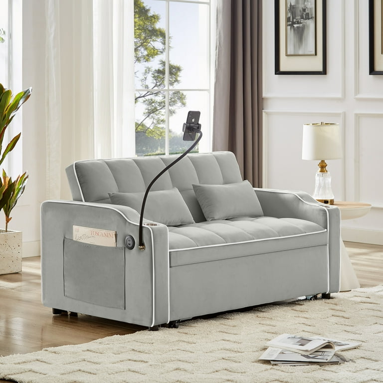 Free Shipping 54.7 Pull Out Sofa Bed Convertible Sofa Bed with USB Port and Ashtray Swivel Phone Stand Sleeper Sofa Bed with Adjustable Back and 2 Pillows Futon Loveseat for Living Room Bedroom Gray