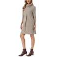thumbnail image 4 of INSPIRE CHIC Women's Knit Dress 3/4 Sleeve Loose Turtleneck Pullover Sweater Fall Winter Mini Dress with Pockets S Khaki, 4 of 6
