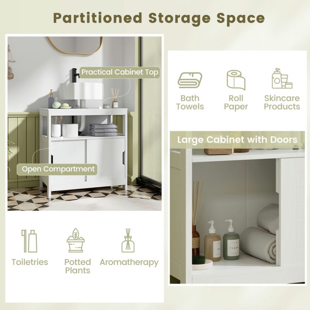 Finihen Storage Cabinet, Floor Cabinet, Pedestal Sink Storage Cabinet with 2 Sliding Doors and U-shaped Cut-out, for Bathroom, Living Room, Bedroom, Kitchen, White