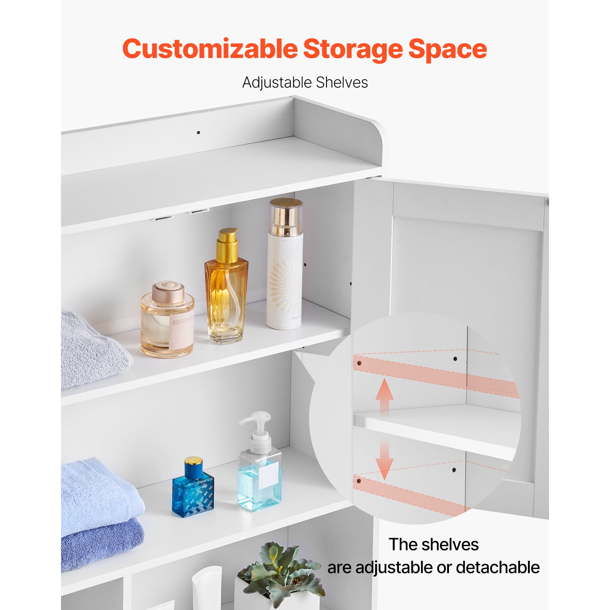 KFFKFF Over-The-Toilet Storage Cabinet, 66.14-Inch Tall Bathroom Organizer with Adjustable Shelf and Double Doors, Space-Saving Bathroom Storage Unit with Open Shelf, White
