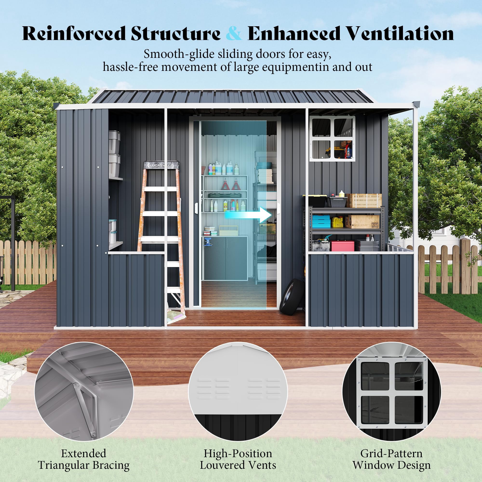 Jocisland 9x9x7 FT Metal Storage Shed, Dual-Zone Tool Shed with Work Area, Reinforced Frame, Gable Roof, Ventilated Design, Dark Grey