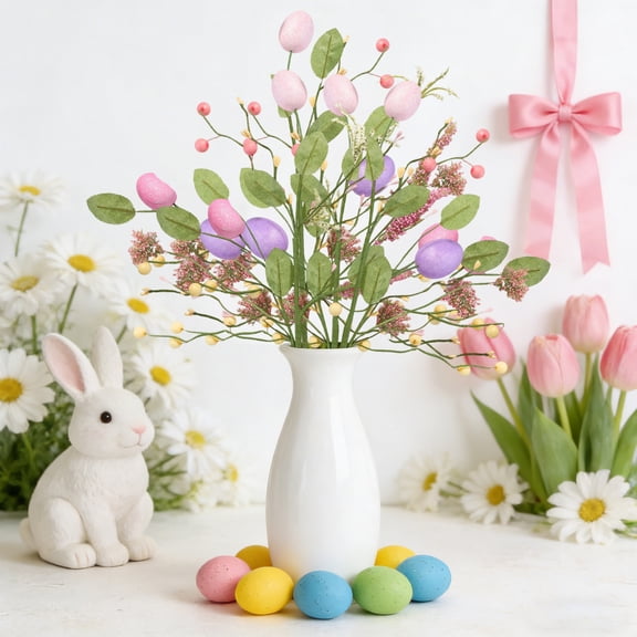Cadancy Easter Decorations Artificial Berry Stems, 15 in Glitter Egg Picks with Leaves, Spring Floral Arrangement Branches for Home Kitchen Table Centerpiece Vase Decor